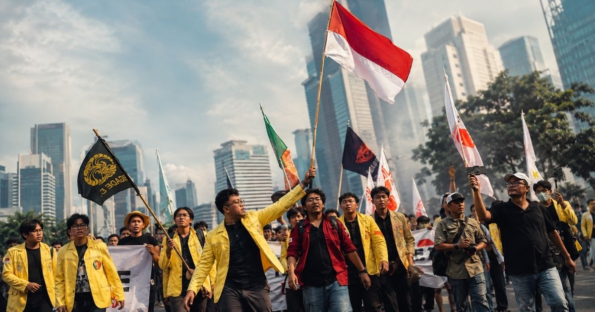 Group of protesters marching in a city street, holding colorful flags under skyscrapers in the background.