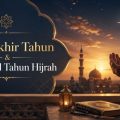 Islamic sunset scene with praying hands near the Quran and lantern, mosque skyline in the background, and the title 'Doa Akhir Tahun & Doa Awal Tahun Hijrah' on a decorative panel.