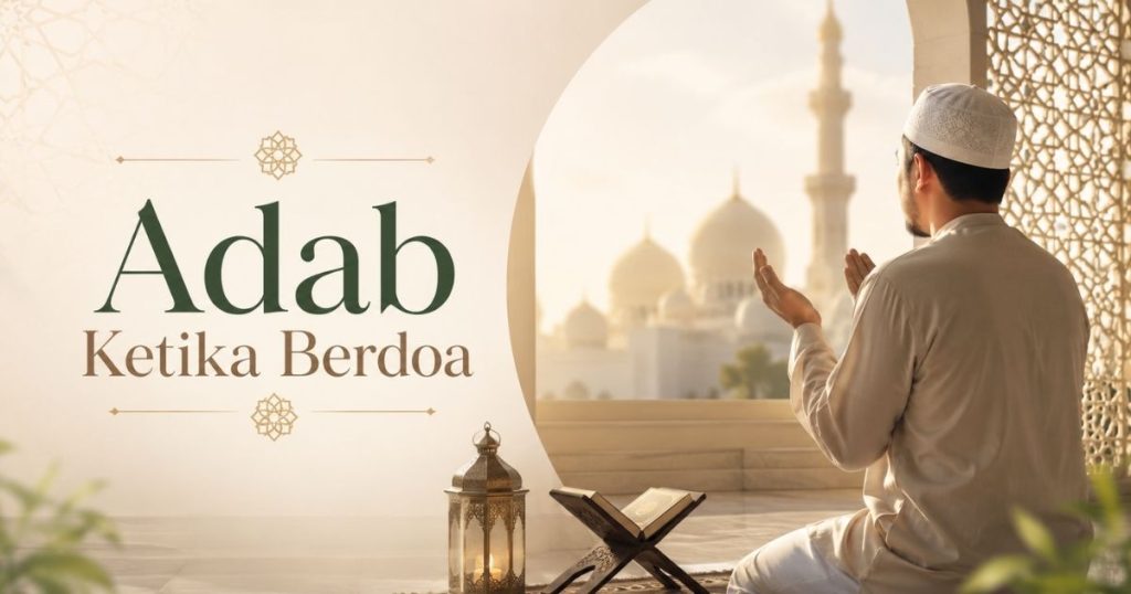 Pria Muslim berjubah putih berdoa dengan tangan terangkat di teras berornamen, mushaf terbuka di depan, latar masjid berkehijauan dan lampu hias di lantai