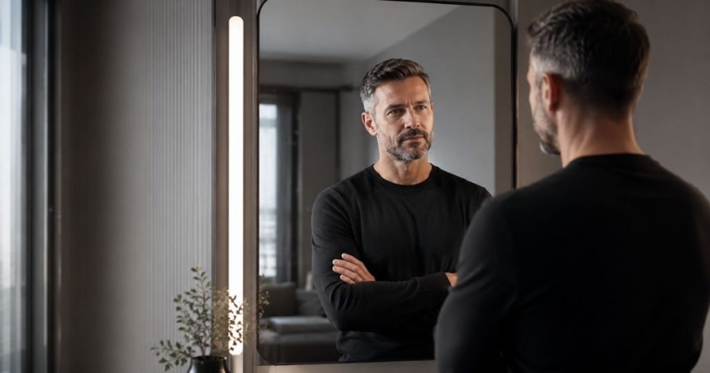 Man in a black shirt stands with arms crossed, looking at his reflection in a tall, framed mirror in a modern, softly lit room.