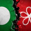 Split flag-like image: green left with a white circle and red right with a white flower, divided by a jagged crack.
