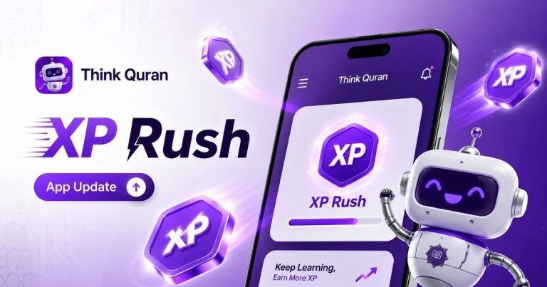 Promotional banner for XP Rush app update with a purple theme, a smartphone screen, and a friendly robot mascot.