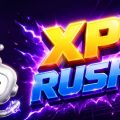 Promo illustration for XP Rush: a cheerful silver robot beside glowing yellow and blue XP Rush text on a purple background.