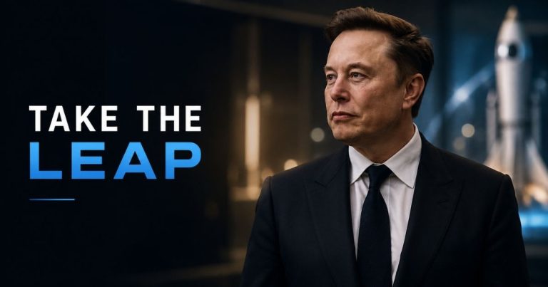 Professional man in a dark suit beside a 'TAKE THE LEAP' slogan with a rocket backdrop.