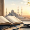 Open Quran on a blue prayer rug with a string of black prayer beads and a lit lattice lantern, mosque domes at sunset in the background.