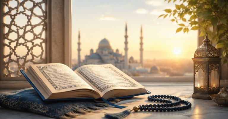 Amalan Hari Jumaat Yang Penuh Barakah | Denaihati Open Quran on a blue prayer rug with a string of black prayer beads and a lit lattice lantern, mosque domes at sunset in the background.