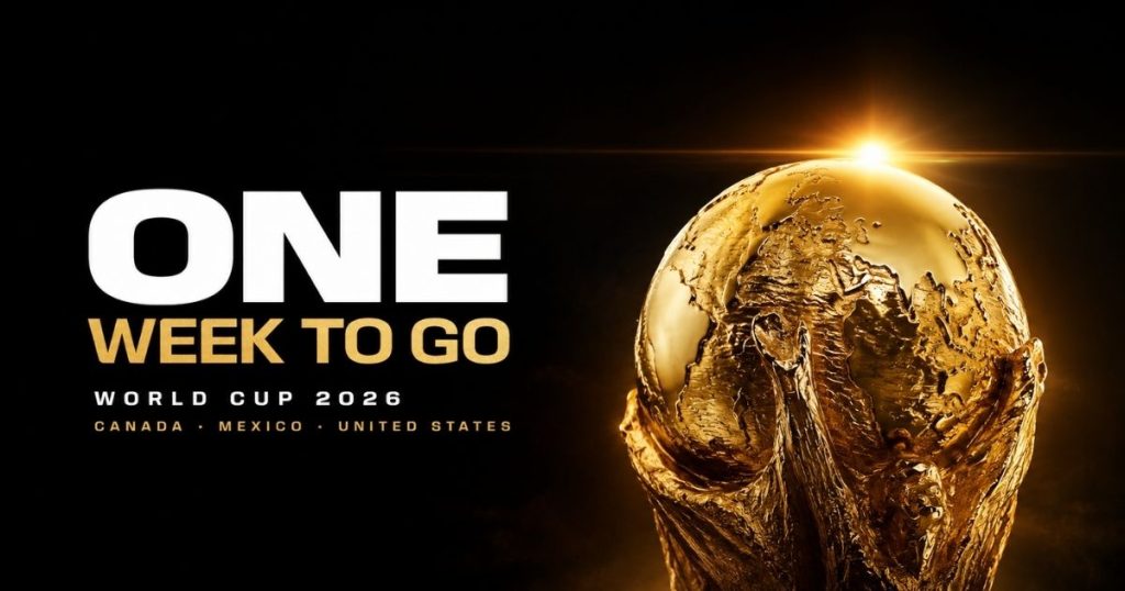 Promotional banner: 'ONE WEEK TO GO' for World Cup 2026, gold trophy on the right.