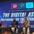 Three men on stage speaking at CK-NEO Community Meet Up 2026; banner reads The Digital Assets: Preparing for the Future of Wealth.