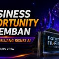 Promotional banner for a Seremban business opportunity event with neon cityscape, AI brain graphic, and a glass sign of Fatima Al-Fihri Centre.