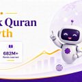 Infographic titled 'Think Quran Growth' with a friendly robot, rising bar chart, globe, and stats: 1.21M+ users, 682M+ words learned.