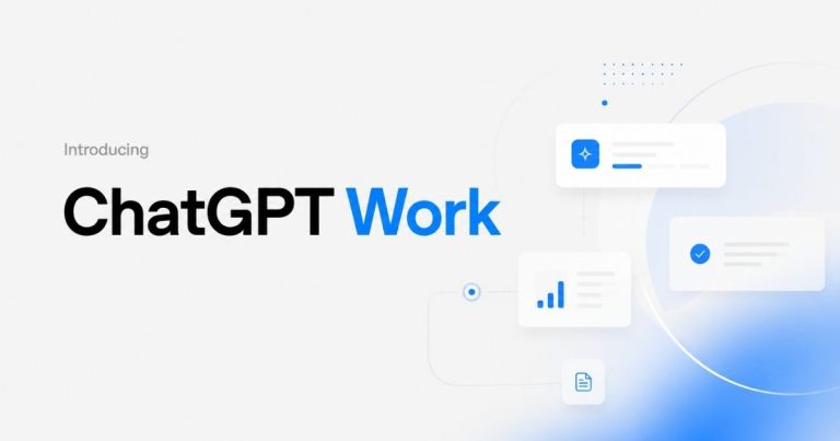 Intro banner: 'ChatGPT Work' with abstract blue UI cards on the right and a light gray background.