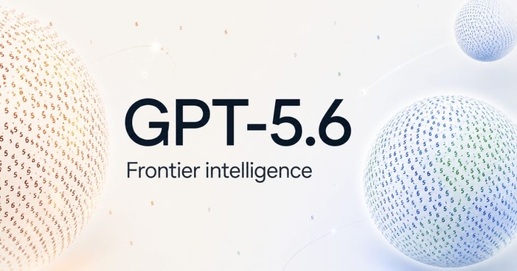 Banner showing 'GPT-5.6 Frontier intelligence' with colorful dotted spheres on the sides, conveying AI advancement.