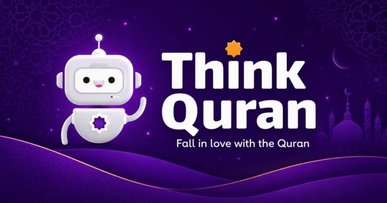 Purple background with a white smiling robot mascot beside the 'Think Quran' title and subtitle 'Fall in love with the Quran'.