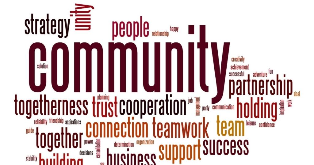 Word cloud about community and teamwork; largest word is 'community' with related terms like teamwork, together, cooperation, trust, connection, partnership.