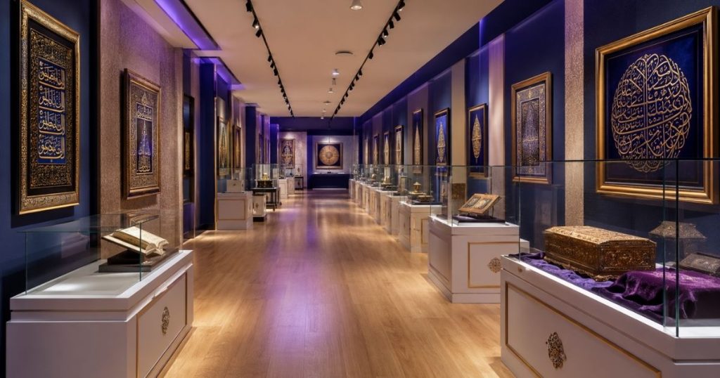 Museum hallway with glass display cases and gold-framed Islamic calligraphy on deep blue walls, illuminated by track lighting in purple hues.