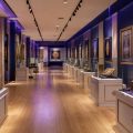 Museum hallway with glass display cases and gold-framed Islamic calligraphy on deep blue walls, illuminated by track lighting in purple hues.