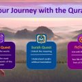 Banner reading 'Your Journey with the Quran' over a sunrise hills backdrop, with three panels: Word Quest, Surah Quest, Reflection; a person sits on the left.