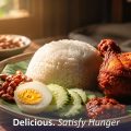 Plate with a mound of white rice, fried chicken pieces, half a boiled egg, cucumber slices, and peanuts on a banana-leaf liner on a wooden table, sunlit.