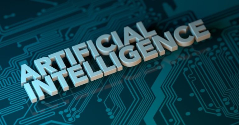 3D text 'Artificial Intelligence' over a blue circuit-board background, conveying AI technology.
