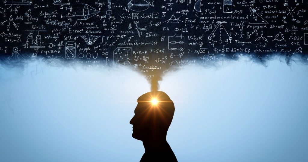 Profile silhouette of a person with sunlight shining from the head, surrounded by chalkboard equations, symbolizing ideas and thinking.