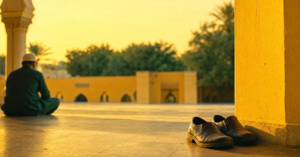 Person in a green robe sits cross-legged on a sunlit courtyard, with a pair of shoes on the floor near a column.