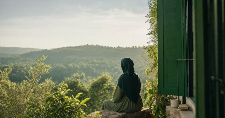 Person wearing a green hijab sits on a rock ledge, facing a forested valley beside a green window.