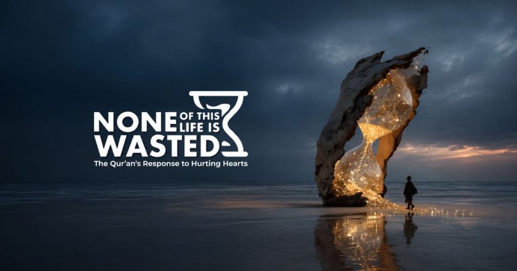 Campaign poster with the slogan 'None of This Life Is Wasted' beside a glowing hourglass-shaped rock and a lone figure on a dark, reflective shoreline at dusk. The subtitle reads 'The Qurans Response to Hurting Hearts'.