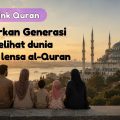 Family at sunset sitting on a wall overlooking a mosque; banner reads 'Visi Think Quran' with an Indonesian slogan about shaping a generation through the Quran lens.