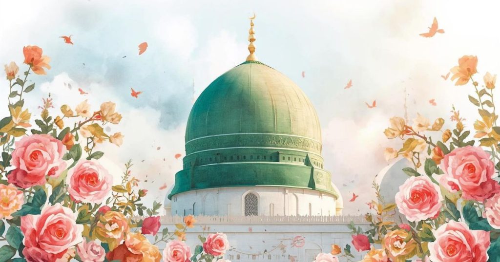 Dreamy illustration of a green-domed Islamic shrine framed by pink roses and pastel sky.