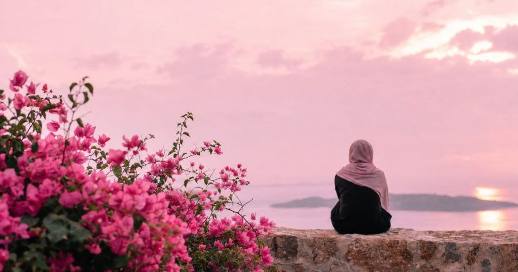 Woman wearing a beige hijab sits with her back to the camera on a stone wall, looking at a pink sunset over the water.