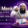 Promotional banner for Mufti Menk live in Malaysia on May 9–10, 2026, with gifts and prizes, by Think Quran and Faith Events.
