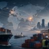 Global shipping scene at port: container ship, crane, stacked cargo, and world map overlay showing interconnected routes.