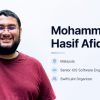 Smiling man with glasses in a maroon t‑shirt beside a profile banner reading Mohammad Hasif Afiq (Malaysia), Senior iOS Software Engineer, SwiftLah! Organizer.