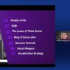 Slide with a purple panel listing seven topics (01 Reality of life, 02 ESBI, 03 The power of Think Quran, 04 King of bonus plan, 05 Success Formula, 06 Secret Weapon, 07 Acceleration Strategy) over a grayscale cityscape; the word CONTENT on the left. A small speaker video and a participants list panel are visible on the right.