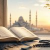 Open Quran on a blue prayer rug with a string of black prayer beads and a lit lattice lantern, mosque domes at sunset in the background.