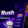 Think Quran logo with XP Rush title and Malay subtitle; man stands beside a phone displaying XP rewards with a friendly robot nearby.